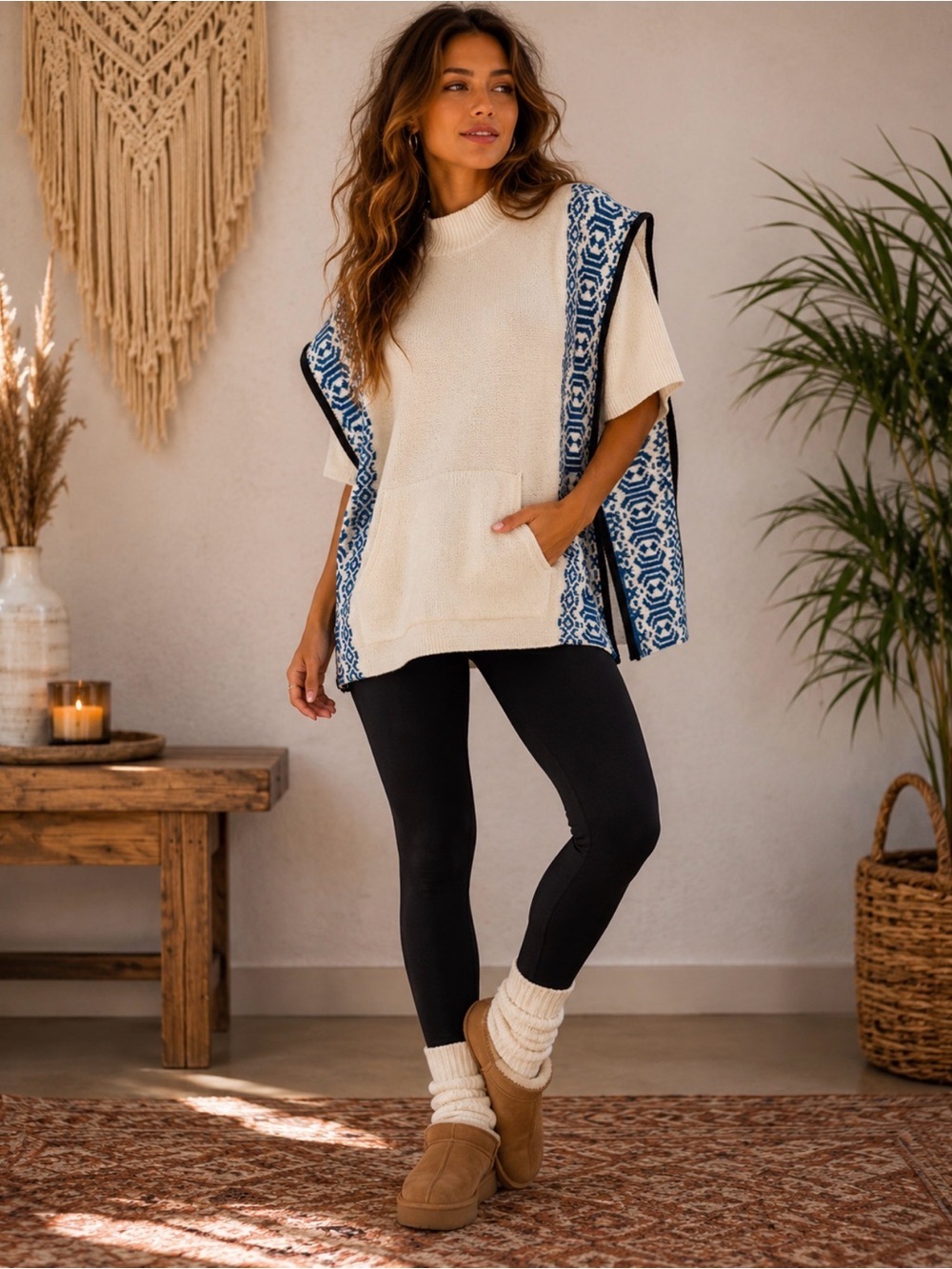 T for Talbots Cream Sweater Poncho with Blue Patterned Trim Size Medium